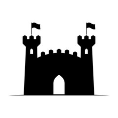 Castle with towers icon. Black silhouette. Front view. Vector simple flat graphic illustration. Isolated object on white background. Isolate.