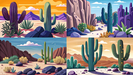 Saguaro National Park East set at sunset time, Tucson, Arizona amazing sky and Group of Tall Saguaro Cactus Plants collection