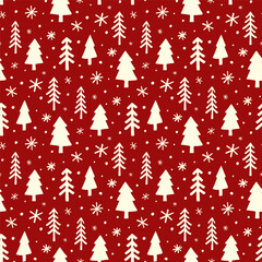 Small white christmas trees and snowflakes isolated on red background. Cute monochrome seamless pattern. Vector simple flat graphic hand drawn illustration. Texture.