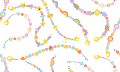 Seamless pattern with Kids jewelry. Plastic beads decorating handmade fashioned elements 90s style jewelry. friendship bracelets and letter beads