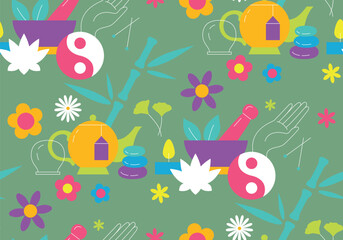 Seamless pattern with Alternative medicine symbols. Chinese medicine. wellness, yoga, zen concept texture. Holistic center, naturopathic, homeopathy, acupuncture, womans health background