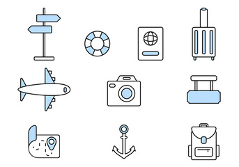 Travel Line Icons. Bundle of camping journey, global tourism, baggage, traveler objects