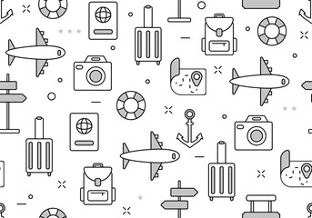 Travel and Holiday seamless pattern. Fun ornament for tourism, vacation planning, summer trips, traveling vector illustrations, seamless background