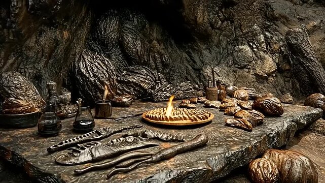 Mysterious alchemist's laboratory in ancient cave with mystical tools and potion bottles