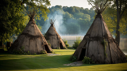 Traditional Reed Tipis by a Foggy Lakeside at Sunrise in Nature