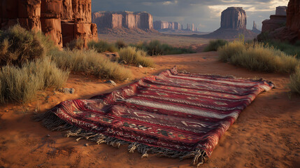 Traditional Navajo Woven Carpet in a Scenic Desert Landscape at Sunset