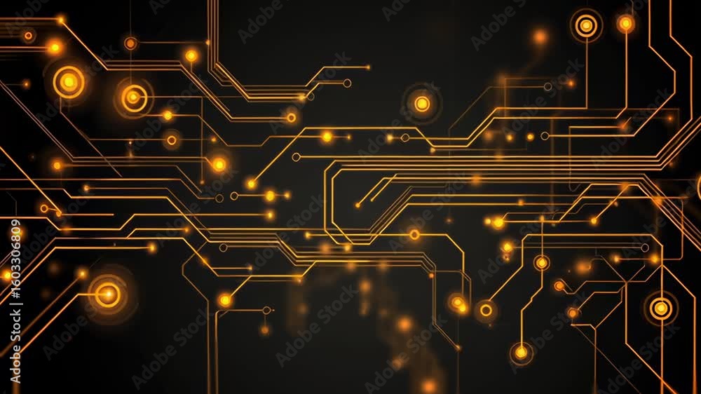 Poster a black and yellow image of a circuit board with many small circles. concept of complexity and techn