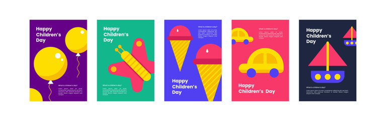 Children day greeting card or poster. Set of flat vector illustrations. Minimalistic background illustrations for sales, advertisements, coupons. Banner, poster, flyer.