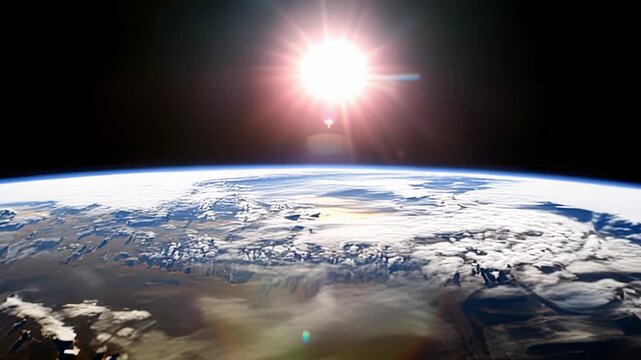 Stunning view of Earth from space with sun, horizon and clouds