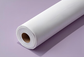 White Fabric Roll Flat Lay on Pastel Lavender Background – High Detail Texture, Top-Down closeup  View