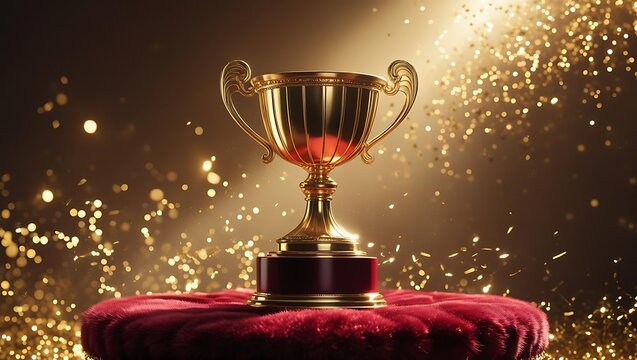 Lustrous gold prize statue atop plush velvet base, illuminated by theatrical beam of light with dreamy background sparkles