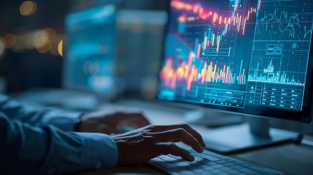 A person is typing on a computer keyboard in front of a monitor displaying a graph. Concept of focus and concentration as the person works on their computer
