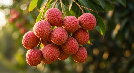 Freshly Harvested Lychee Fruits Hanging on Branch in Natural Light with Lush Green Leaves