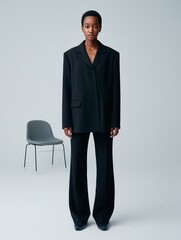 Woman in black oversized blazer and wide leg trousers fashion studio shot full length