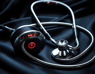 A stethoscope and headphones displayed on a dark satin background