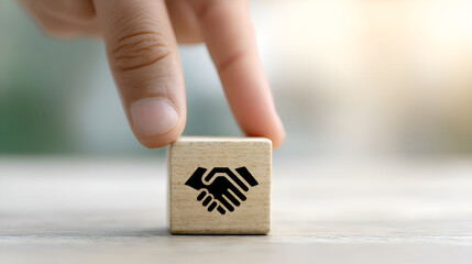 Businessman choosing wooden block with handshake icon representing partnership agreement