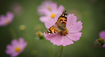 Naklejka premium A butterfly rests on a pink flower isolated on white background.