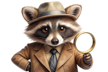 A curious raccoon wearing a detective hat and trench coat holds a magnifying glass isolated on a transparent background