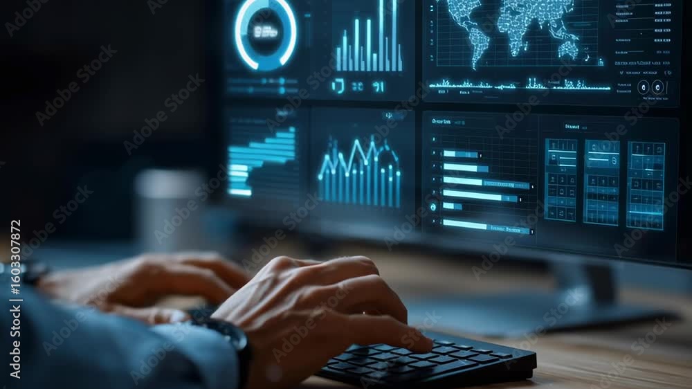Aufkleber a person is typing on a computer keyboard in front of a monitor displaying various graphs and charts