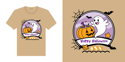 Cute Halloween T Shirt Design with Ghost Pumpkin Bats Spiderwebs and Candy Corn Illustration
