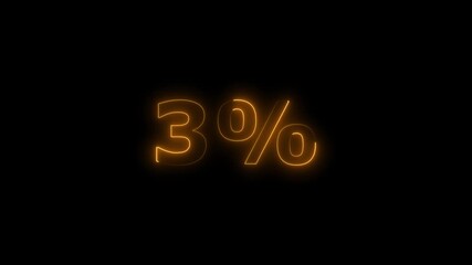 Glowing Orange Neon 3 Percent Symbol on Black Background Animated Number Countdown Percentage