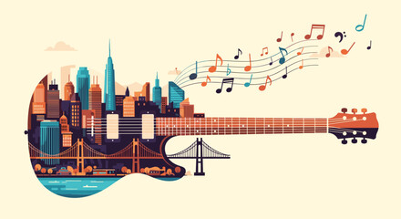 Obraz premium Guitar Shaped Cityscape with Music Notes for Music Day Poster