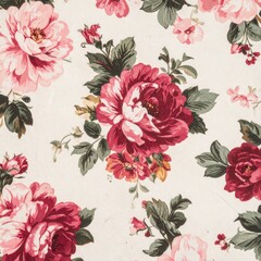 Detailed Floral Pattern with Burgundy and Pink Roses on Cream Background
