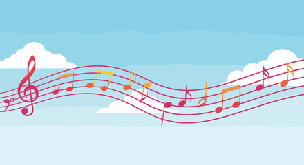 International Music Day design features musical notes and flowing staff against a pastel sky. International Music Day celebration needs cheerful background, making it apt for events.