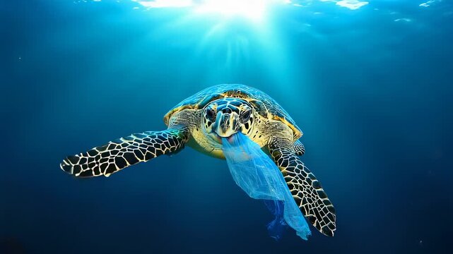 Sea turtle eating plastic bag underwater, ocean pollution