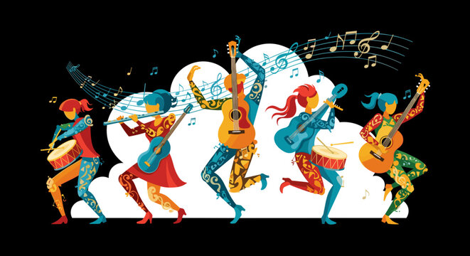 Celebrating International Music Day with joyful musicians and musical instruments against dark backdrop. International Music Day event, musicians expressing happiness while playing music, - Powered by Adobe