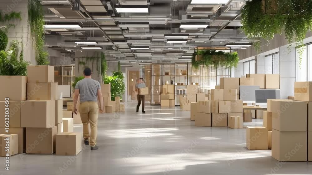 Poster a large open room with boxes stacked up and a few potted plants. the room is empty and has a minimal