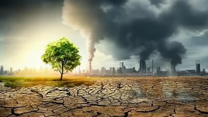 Environmental contrast Green tree vs. polluted city with cracked earth