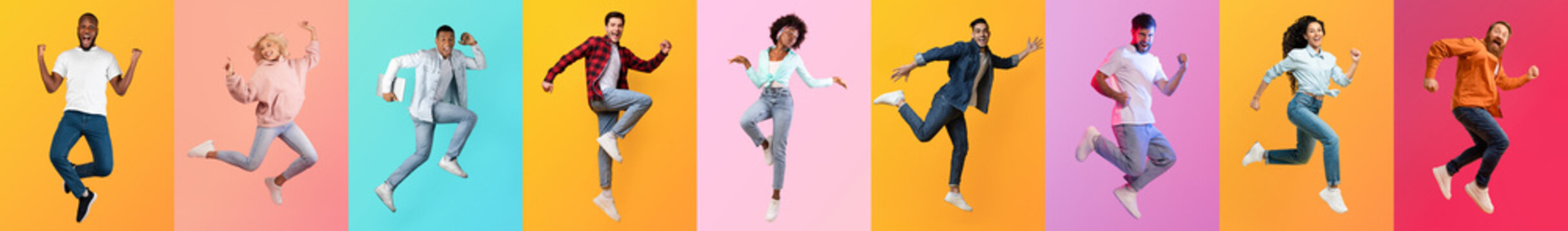 A group of diverse individuals jumps happily against colorful backgrounds, showcasing joy and unity. Their expressions reflect fun and camaraderie