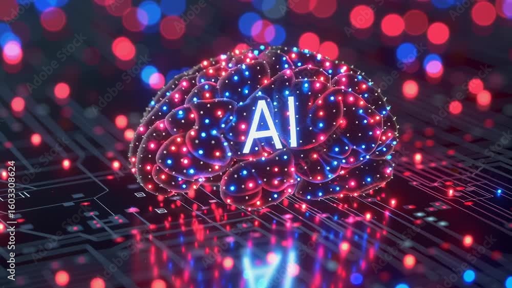 Poster a brain with the letters ai on it. the brain is surrounded by a blue and red glow