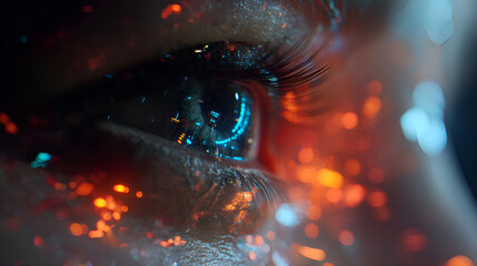 Futuristic eye reflecting digital data stream in orange and blue