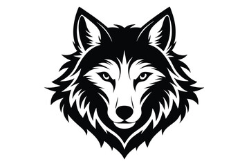 Striking Black and White Graphic Illustration of a Majestic Wolf Head with Intricate Fur
