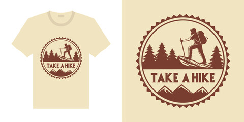T Shirt Design Featuring Hiker with Backpack Mountains and Trees for Outdoor Adventure Apparel
