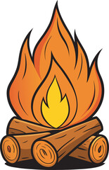 A vibrant cartoon illustration of a campfire with bright orange flames and stacked logs, isolated on a clean white background.