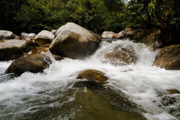Río de montaña con aguas espumosas y cristalinas, saltando sobre grandes rocas. Paisaje natural...