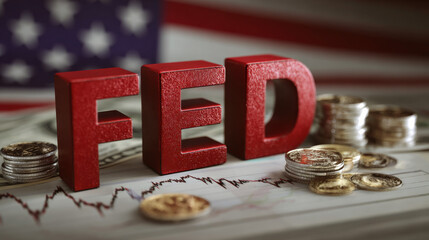 The word "FED"(Federal Reserve Board) with red letters on an American flag background, coins, and a graph chart in the foreground