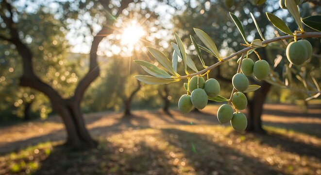 Closeup of olive fruit on tree branch. Olive garden and sunlight background design. Mediterranean old olive trees growing
 - Powered by Adobe