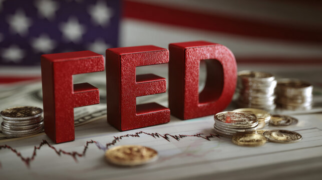 The word "FED"(Federal Reserve Board) with red letters on an American flag background, coins, and a graph chart in the foreground