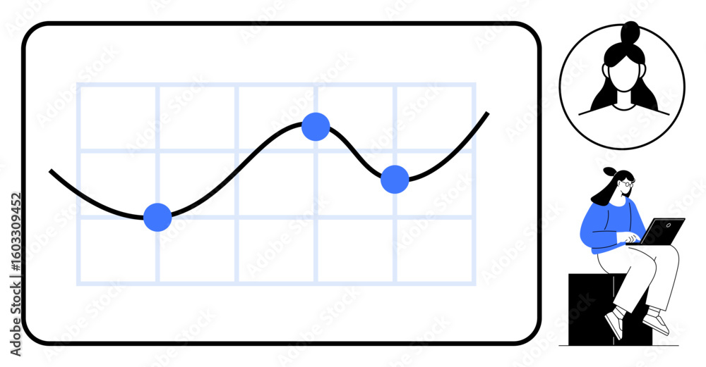 Poster data chart with three highlighted points on a graph, woman working on a laptop below avatar. ideal f