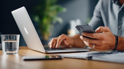 Fototapeta premium Businessman Working with Laptop and Smartphone at Desk