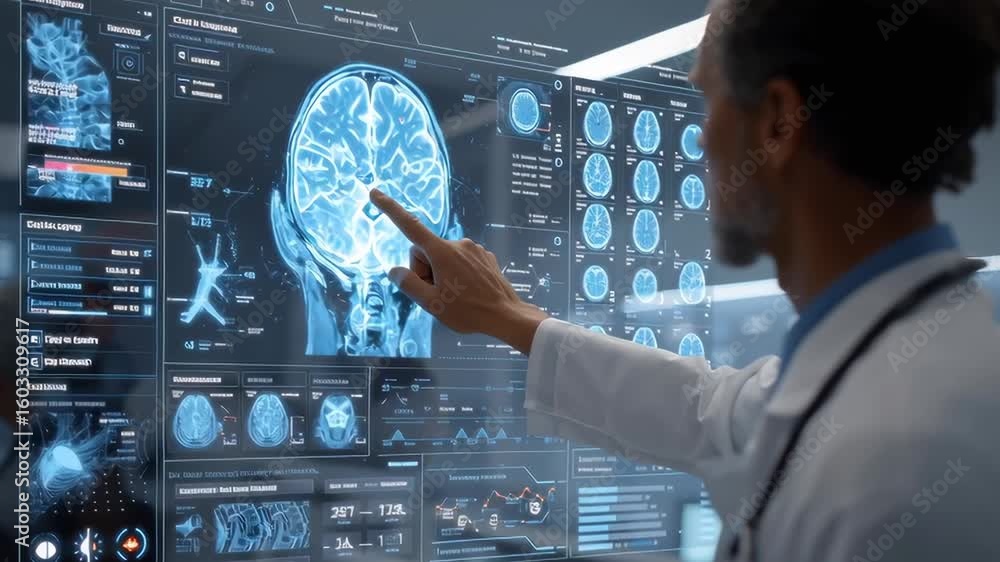 Poster a doctor points to a brain scan on a computer monitor. a detailed view of the brain, with various se