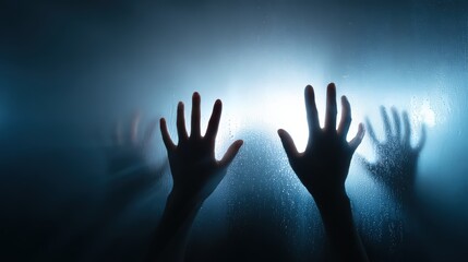 Silhouetted Hands Pressed Against Foggy Glass Panel