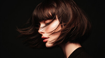  woman with a sleek brown bob haircut, her bangs flowing in the wind against an isolated dark background. 