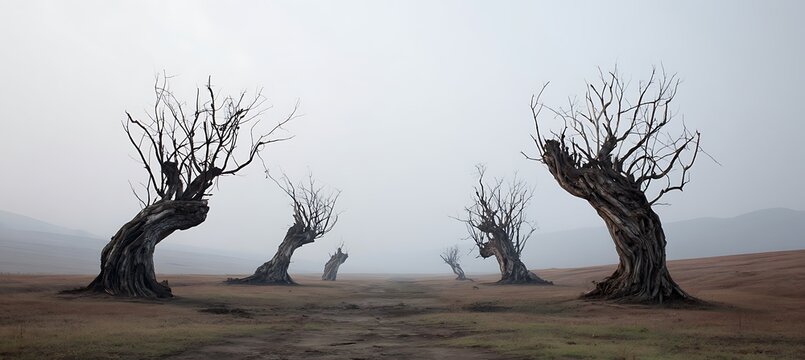 Twisted and deformed trees bending unnaturally in a surreal and haunting forest landscape