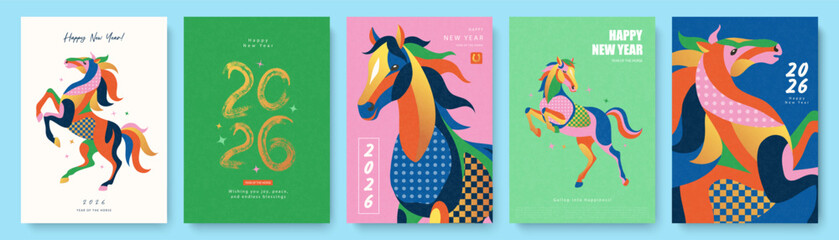Set of Chinese New Year 2026 posters in a colorful artistic style, featuring abstract horse illustrations and hand-drawn brush stroke typography for the lunar holiday celebration, vector illustration.