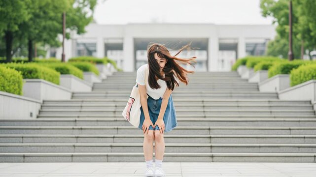 キャンパスの階段で風にスカートを押さえる女子大生